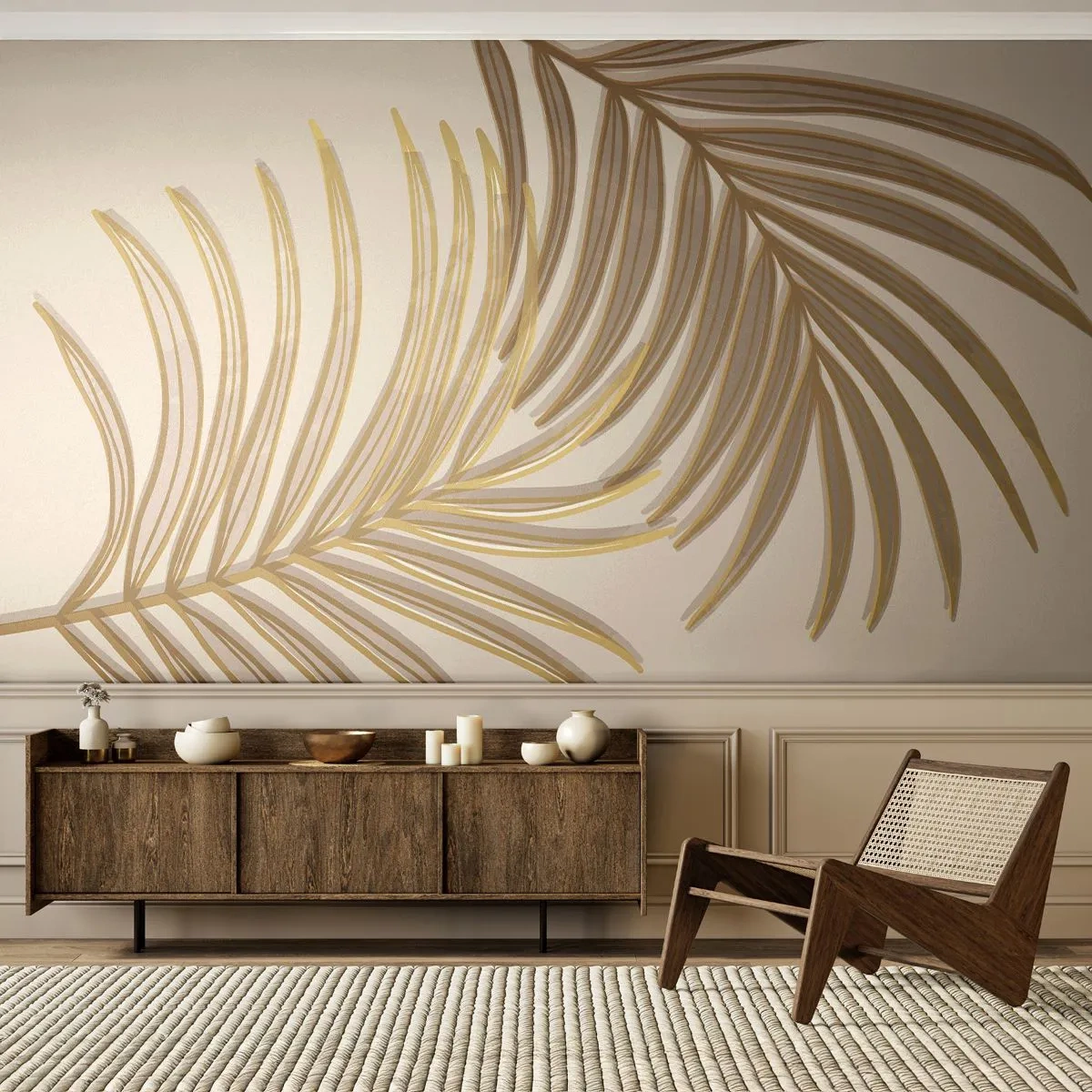 Photo Wallpaper Premium Sand - Golden Palm! - Abstraction, Palm Leaf, Graphics - 100x70 cm
