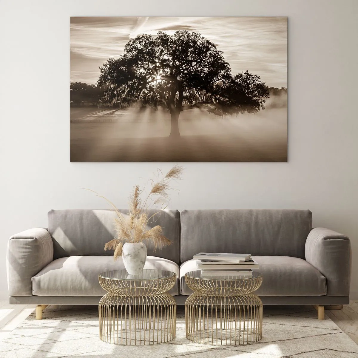 Glass picture - A tree in the morning fog with sun rays shining through the branches - 70x50cm - Tree of Good Knowledge - Modern wall decoration for the living room and bedroom ARTTOR