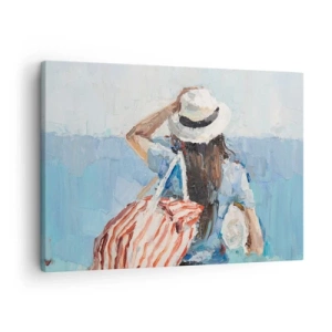 Canvas picture - A woman in a hat against the blue sea - 70x50cm - Welcome to Holiday - Modern wall decoration for the living room and bedroom ARTTOR