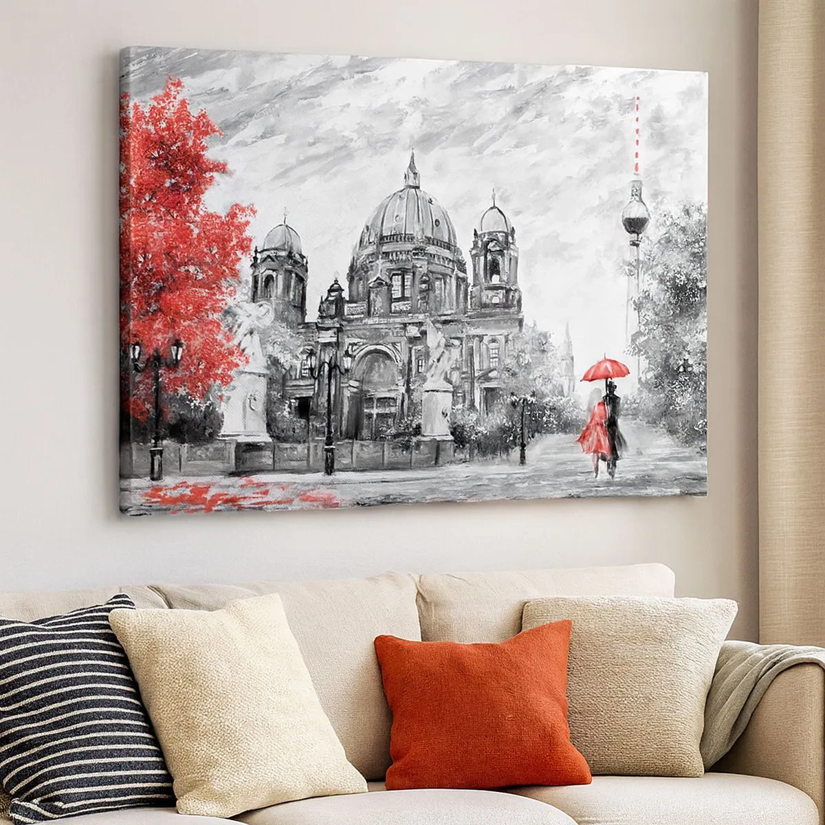 Canvas picture - Black and white scene with Berlin, a red umbrella, and a tree - 70x50cm - Berlin Encounter - Modern wall decoration for the living room and bedroom ARTTOR