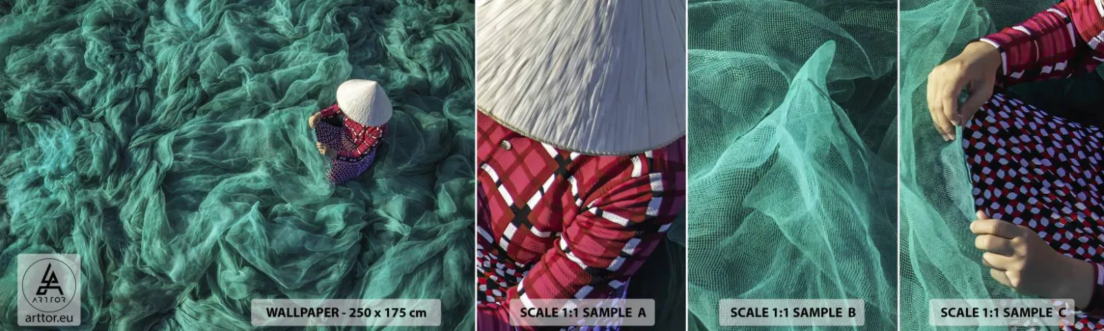 Photo Wallpaper Sample Self-Adhesive Deluxe Sticker - In the Sea of Nets - Fishing net, Woman, Vietnam - 100x30 cm