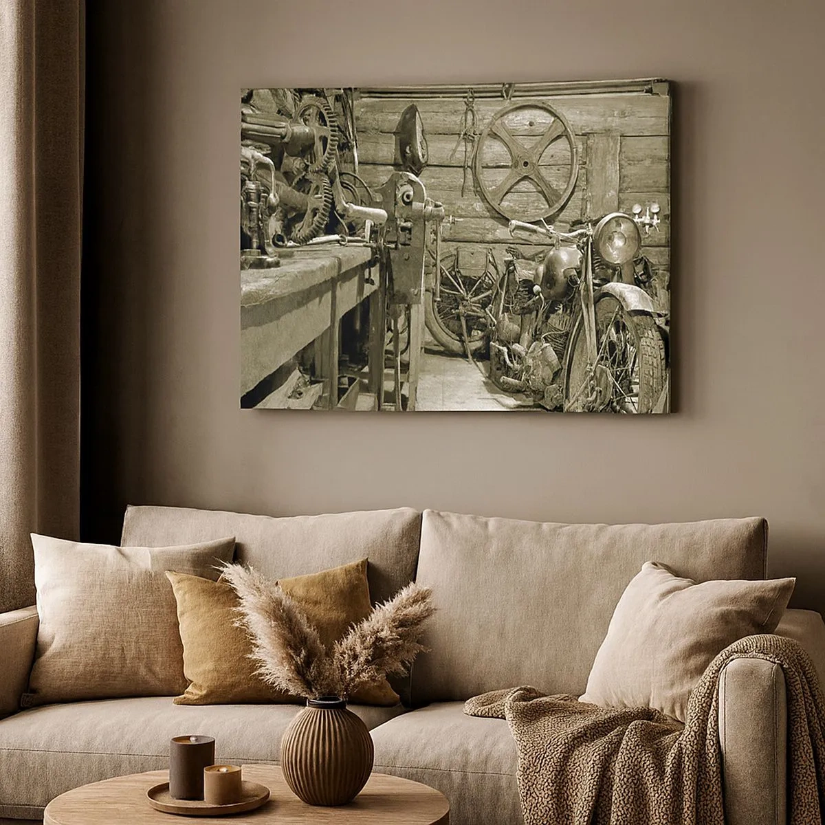 Canvas picture - Retro workshop with motorcycles and tools - 70x50cm - In Grandad's Shed - Modern wall decoration for the living room and bedroom ARTTOR