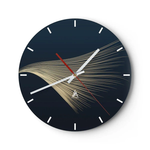 Wall clock - Clock on glass - Golden lines on a navy blue background create a dynamic wave - 30x30cm - Like Angel's Hair - Modern wall decoration for the living room, kitchen, and bedroom ARTTOR