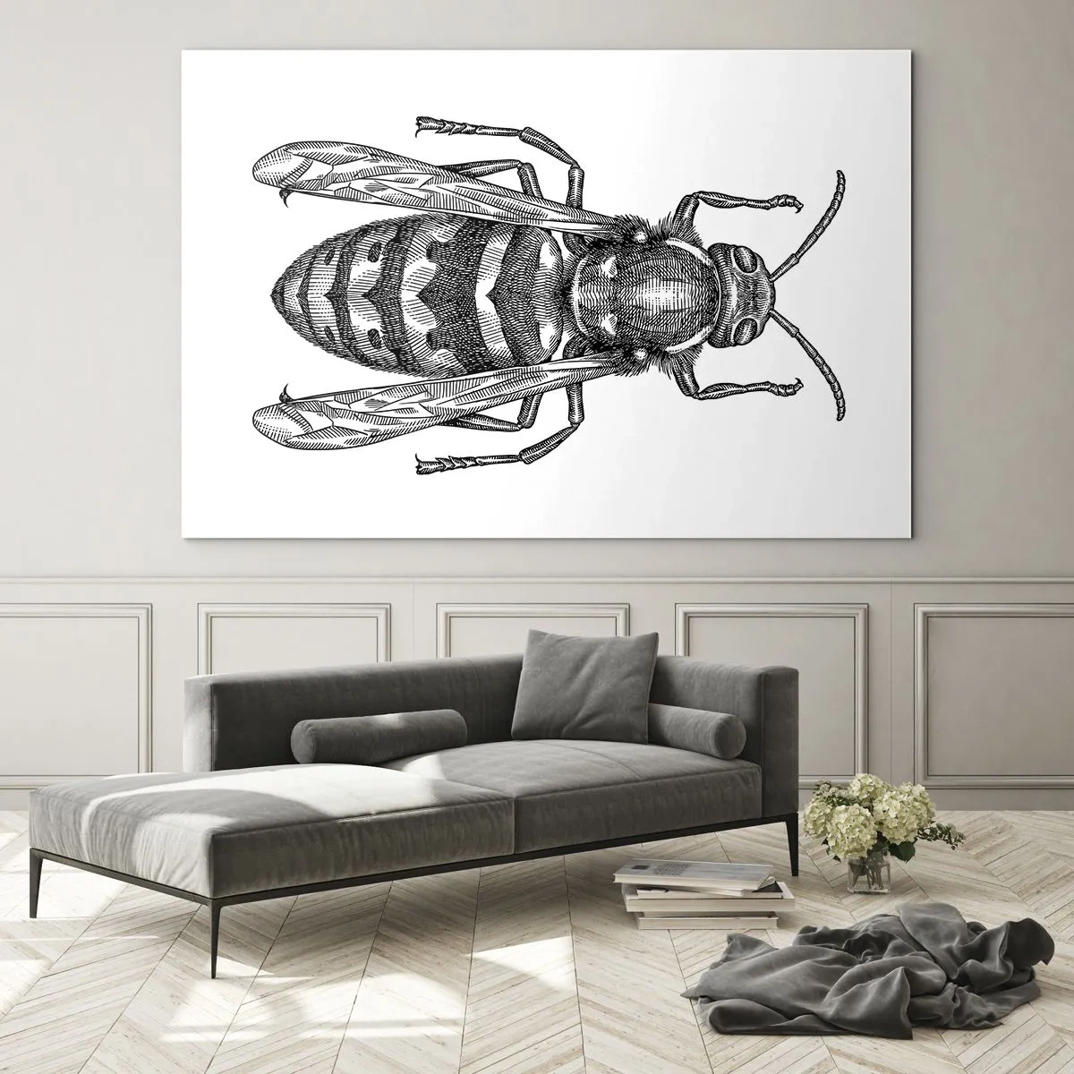 Glass picture - Black and white retro illustration of a wasp on a white background - 70x50cm - From Insect Planet - Modern wall decoration for the living room and bedroom ARTTOR
