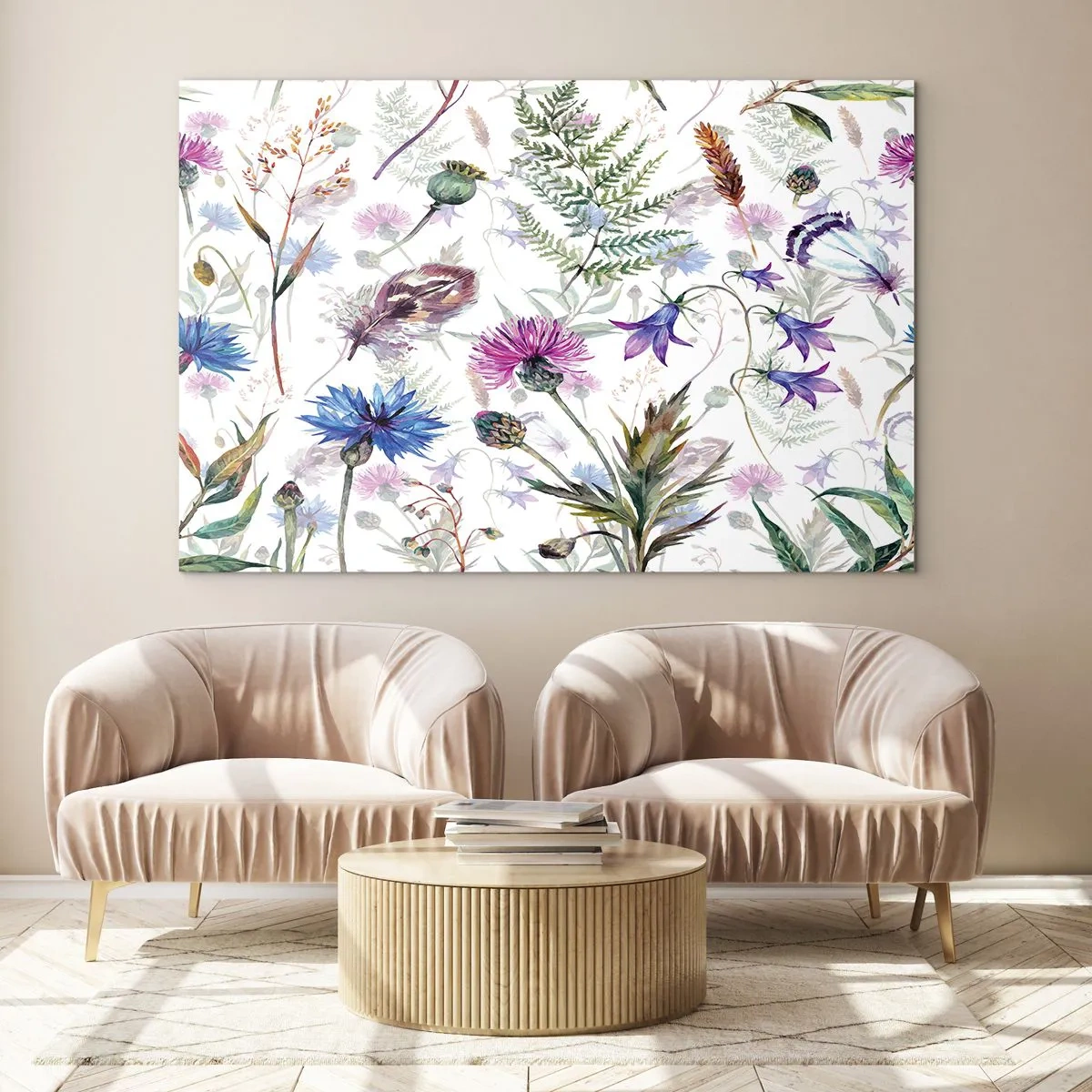 Glass picture - Drawings of wildflowers and leaves on a light background - 70x50cm - Polish Herbs - Modern wall decoration for the living room and bedroom ARTTOR