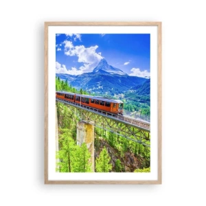 Poster in light oak frame - Train Through the Alps - 50x70 cm