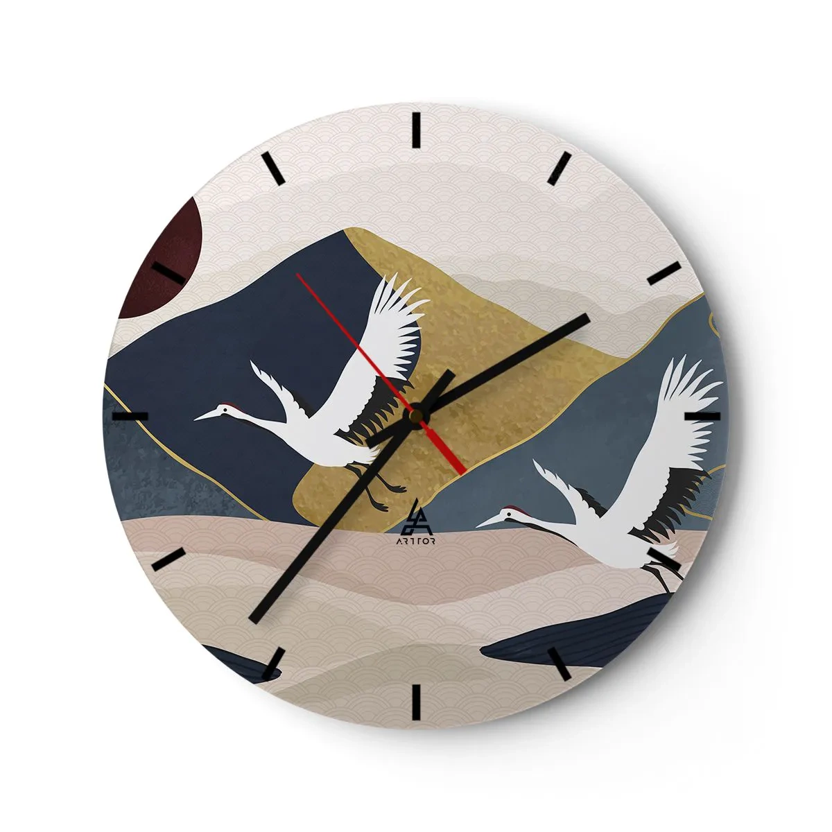 Wall clock - Clock on glass - Cranes in flight against the backdrop of abstract mountains and the sun - 30x30cm - Another Day Has Flown By - Modern wall decoration for the living room, kitchen, and bedroom ARTTOR