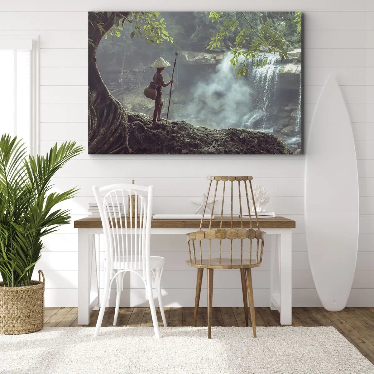 Canvas picture - A figure with a spear at a waterfall in a tropical forest - 70x50cm - Friends with Nature - Modern wall decoration for the living room and bedroom ARTTOR