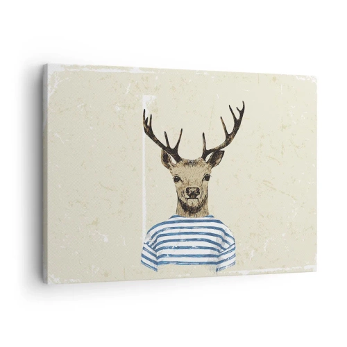 Canvas picture - A deer in a striped shirt on a light background with a delicate texture - 70x50cm - Becaue I Like Striped T-Shirts - Modern wall decoration for the living room and bedroom ARTTOR