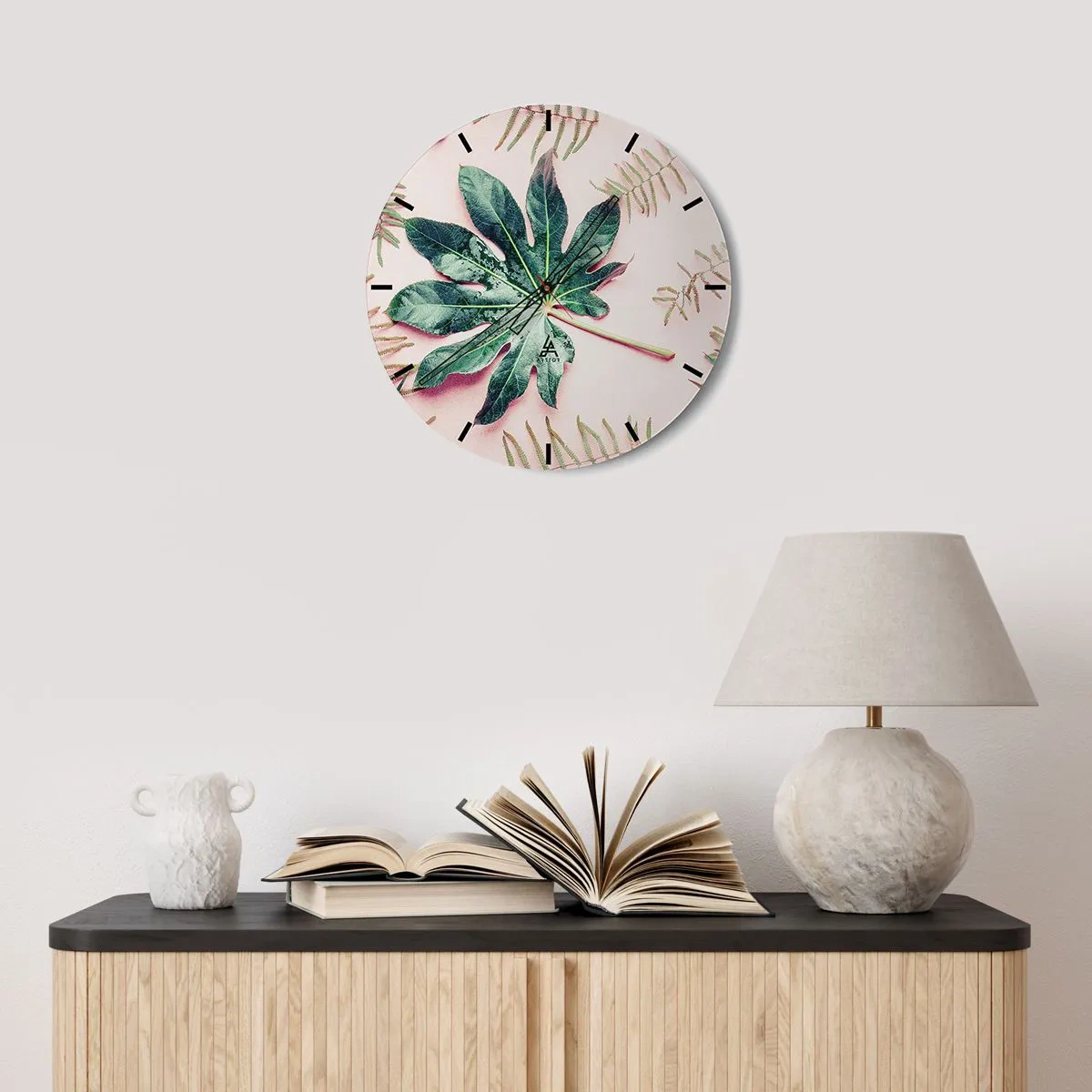 Wall clock - Clock on glass - Study in Green on Pink Background - 40x40 cm