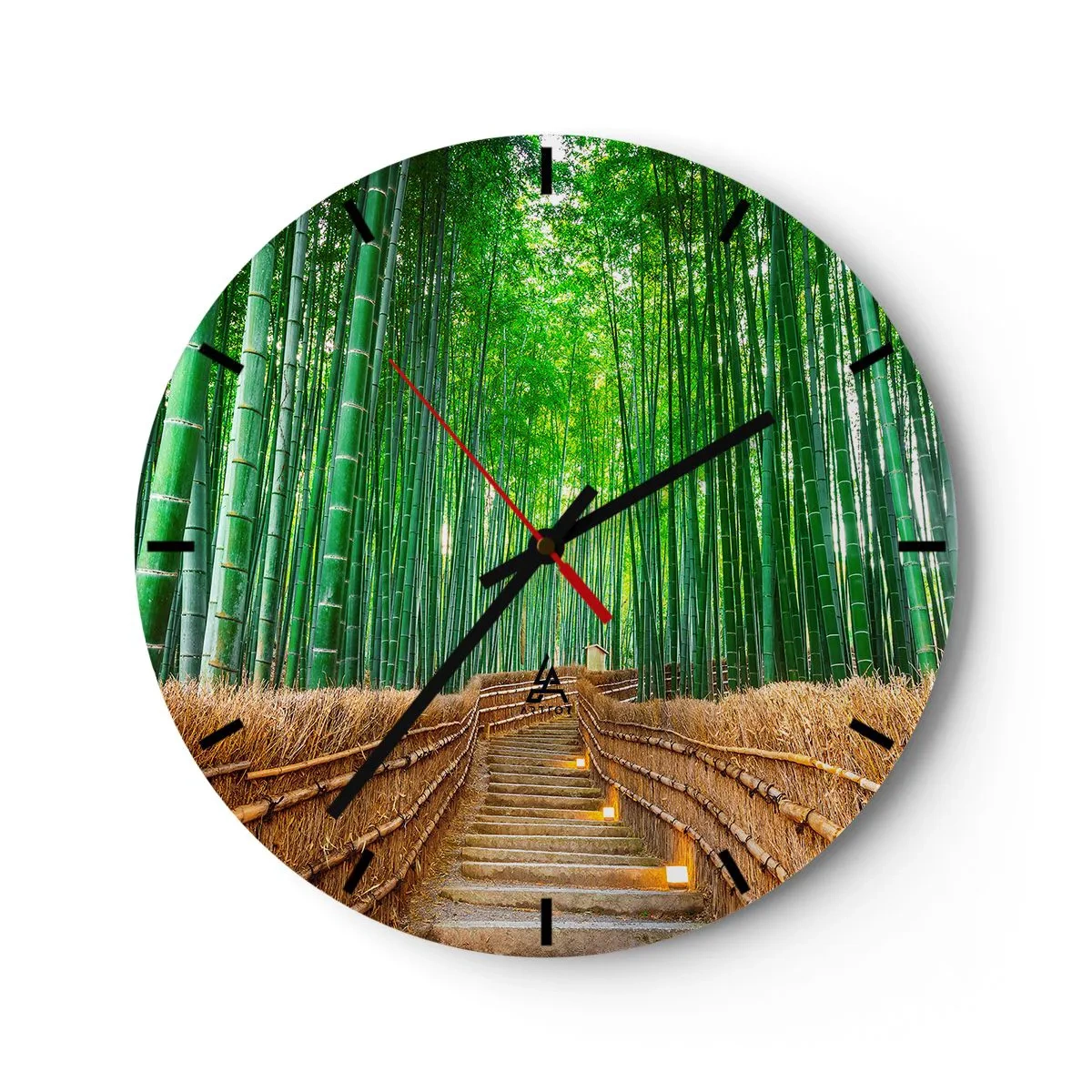 Wall clock - Clock on glass - Stairs in a bamboo forest lit by lanterns - 30x30cm - Essence of Asian Nature - Modern wall decoration for the living room, kitchen, and bedroom ARTTOR