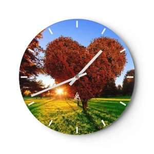 Wall clock - Clock on glass - Heart-shaped tree at sunset - 30x30cm - Impossible Not to Love Autumn - Modern wall decoration for the living room, kitchen, and bedroom ARTTOR