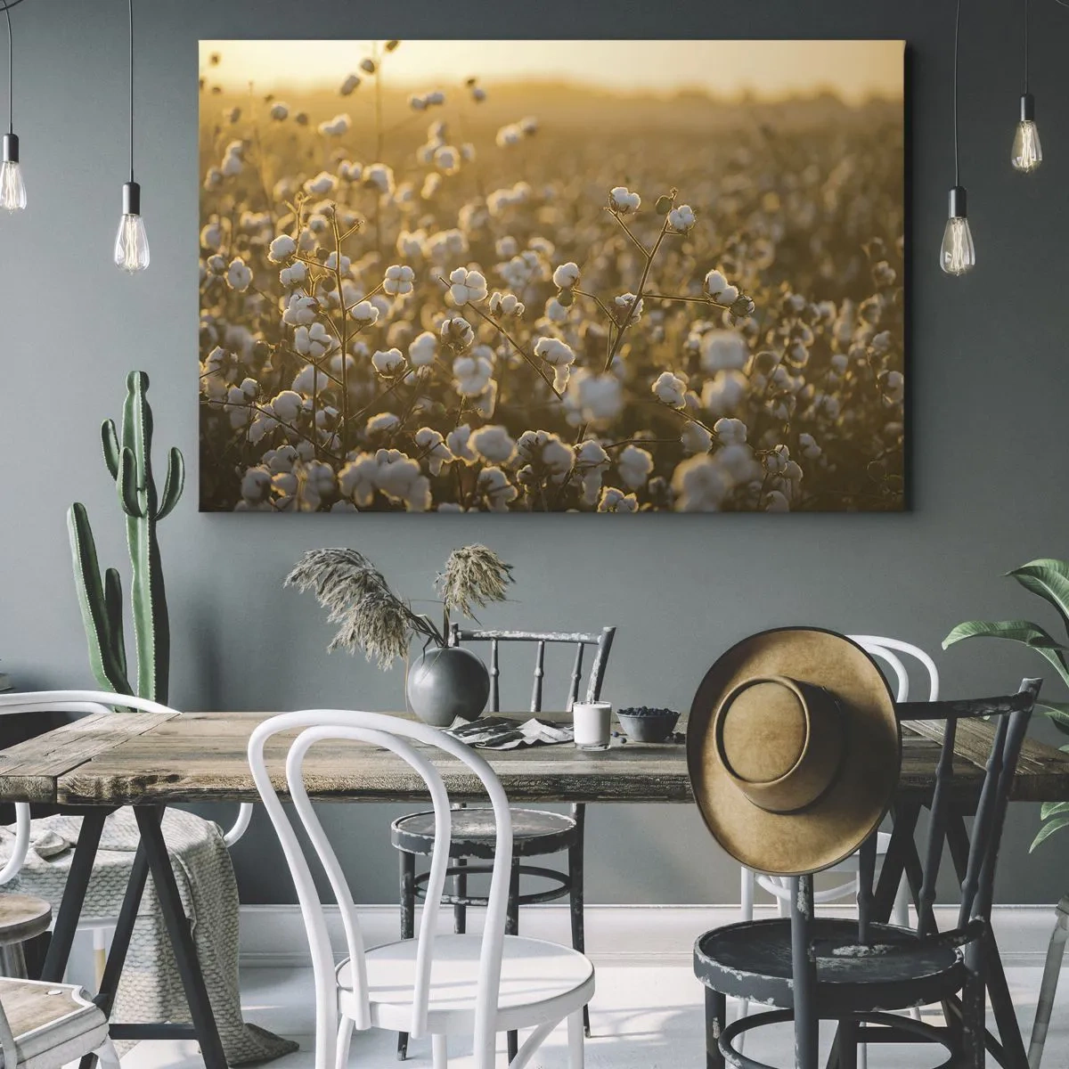 Canvas picture - A cotton field in the warm light of the setting sun - 70x50cm - Fluffy Field - Modern wall decoration for the living room and bedroom ARTTOR