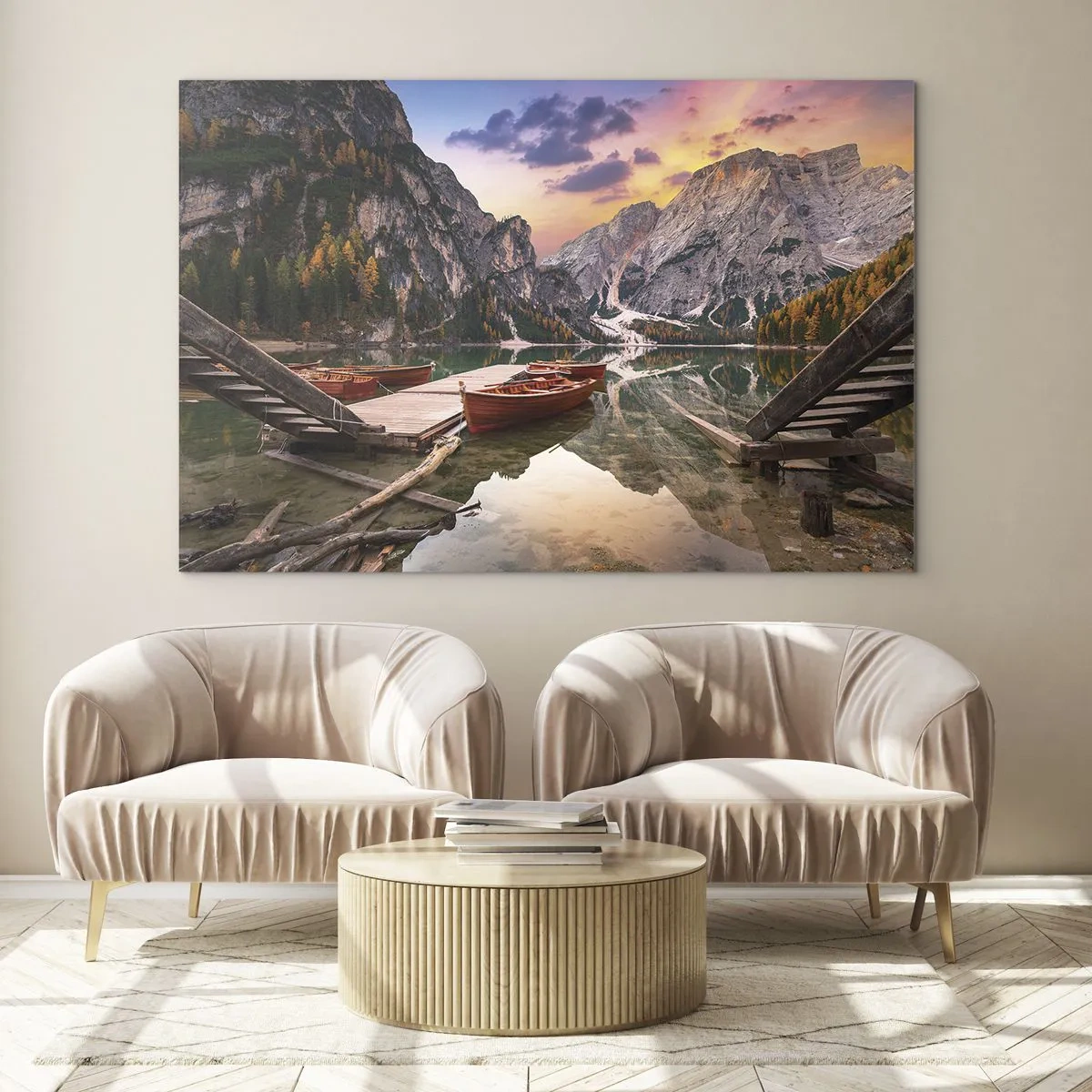 Glass picture - Mountain lake with a pier and boats at sunrise - 70x50cm - Promise of a Day - Modern wall decoration for the living room and bedroom ARTTOR