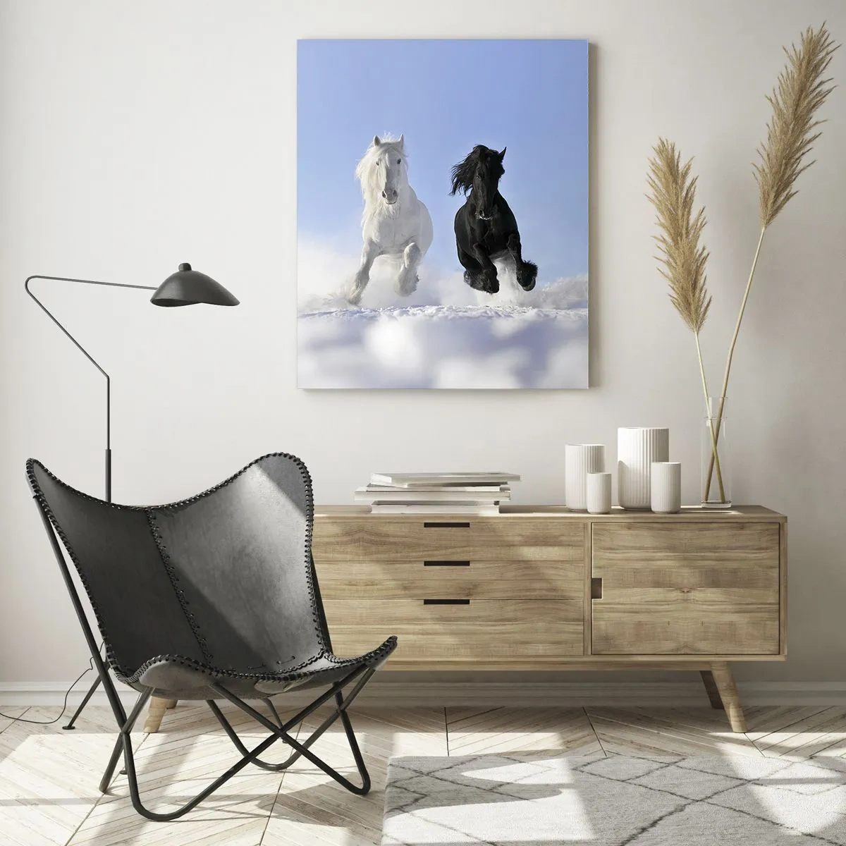 Glass picture - Black and White Gallop - 50x70 cm