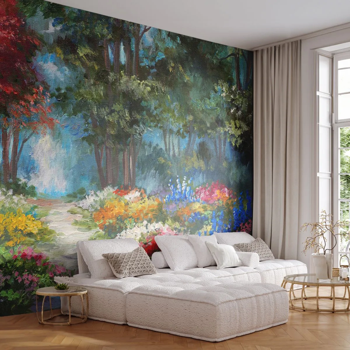 Photo Wallpaper Premium Sand - Wood Garden, Flowery Forest - Landscape, Park, Flowers - 500x350 cm