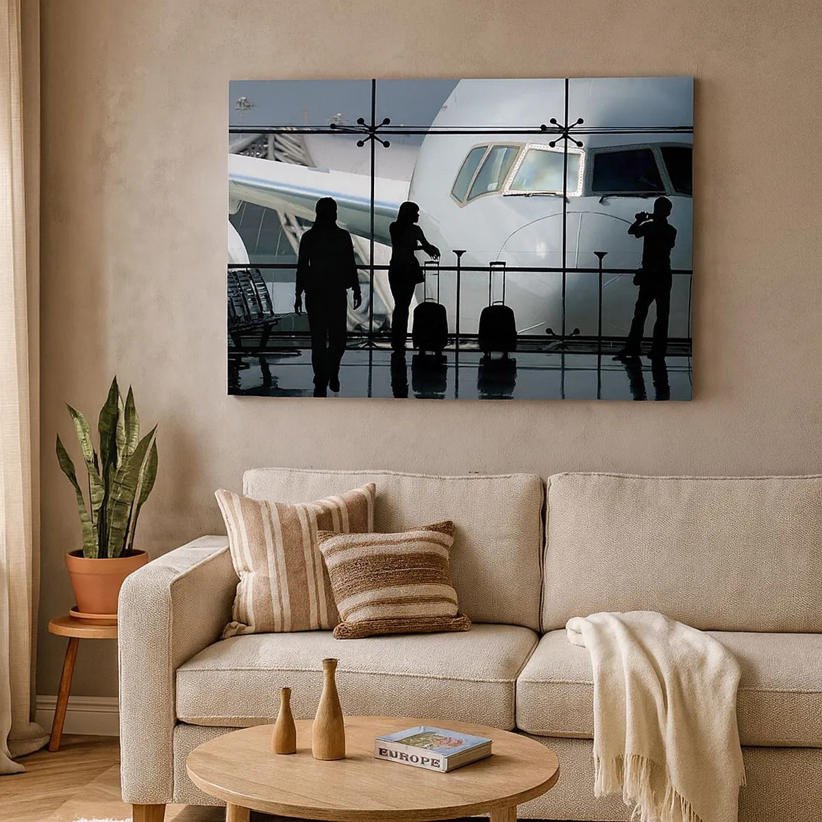 Canvas picture - Airport with silhouettes of people and a view of the plane - 70x50cm - Via a Vis at the Aiport - Modern wall decoration for the living room and bedroom ARTTOR