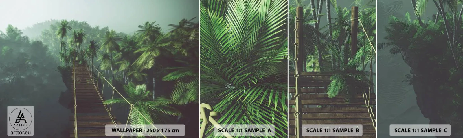 Photo Wallpaper Sample Standard Eco - Hanging Bridge in the Green - Landscape, Jungle, Coconut Palm - 100x30 cm