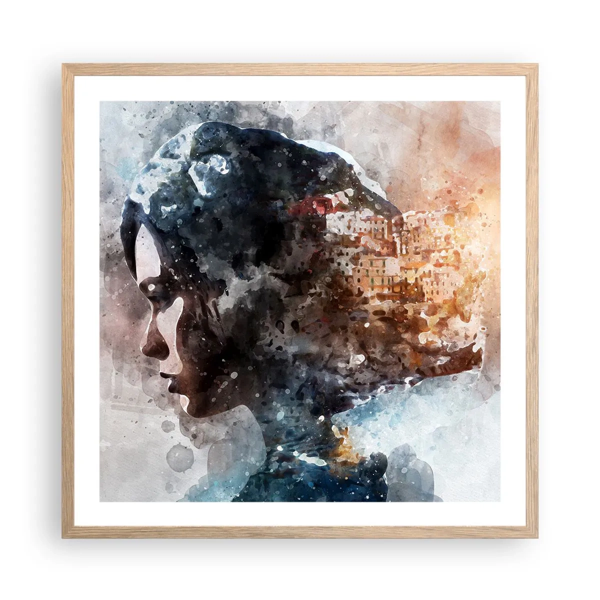 Poster in light oak frame - Tale about a Girl with a City in the Background - 60x60 cm