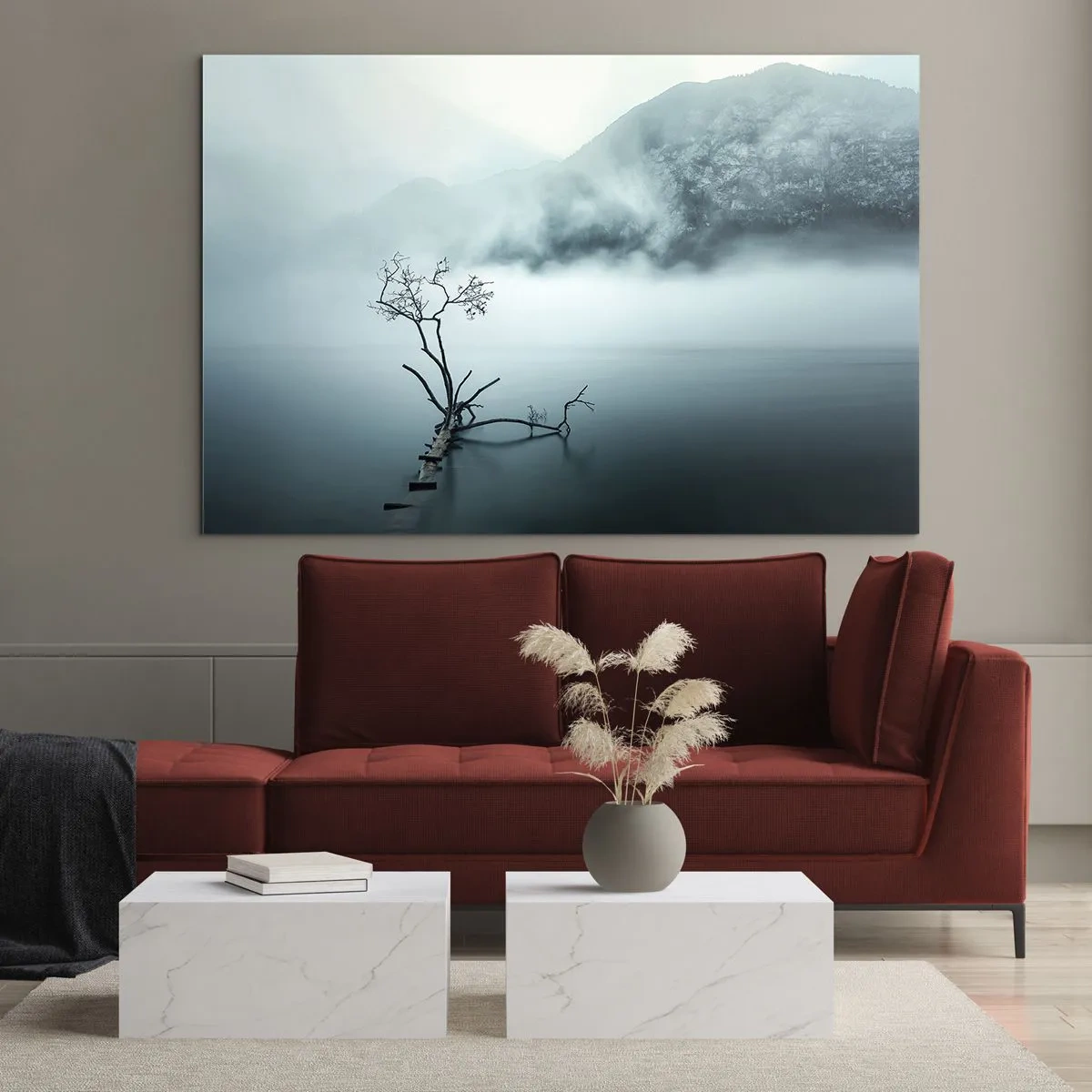 Glass picture - A lonely tree against the backdrop of mountains shrouded in mist over the water - 70x50cm - From Water and Fog - Modern wall decoration for the living room and bedroom ARTTOR