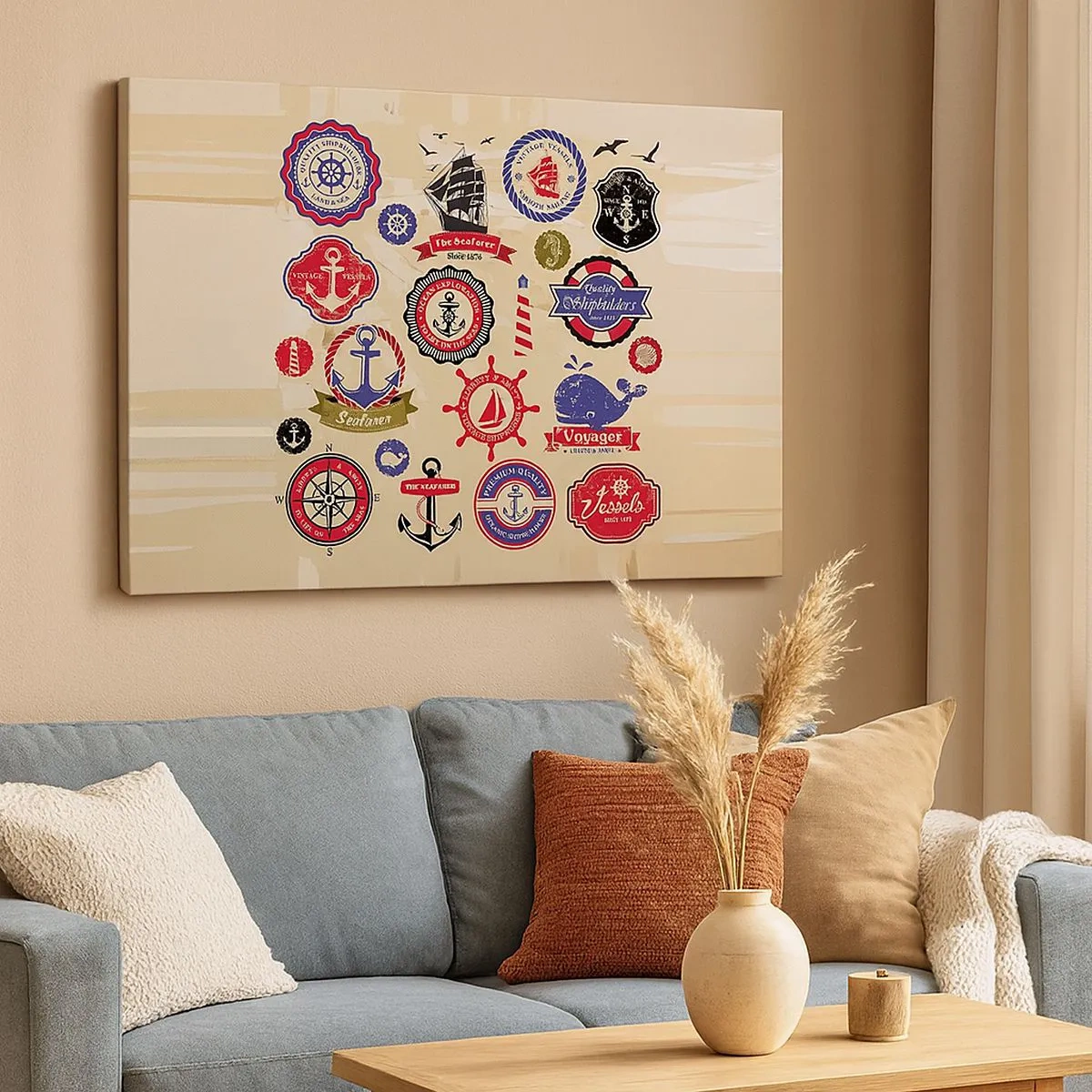 Canvas picture - A collection of nautical graphics and symbols on a light background - 70x50cm - Brotherhood of Yachts - Modern wall decoration for the living room and bedroom ARTTOR