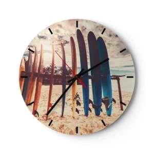 Wall clock - Clock on glass - Surfboards lined up on the beach at sunset - 30x30cm - Goodnight, See You Tomorrow - Modern wall decoration for the living room, kitchen, and bedroom ARTTOR
