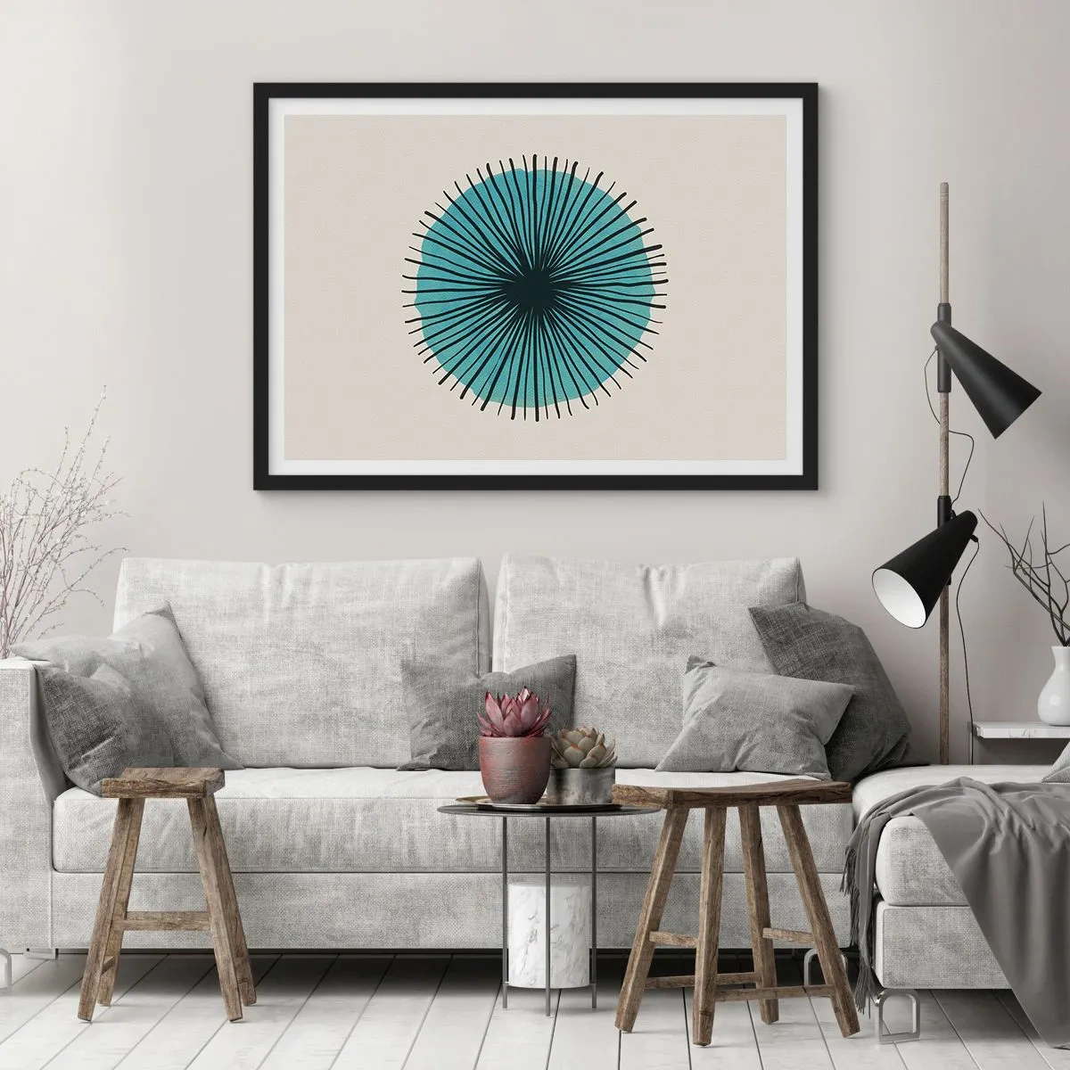 Poster in black frame - Rays on Blue - 91x61 cm