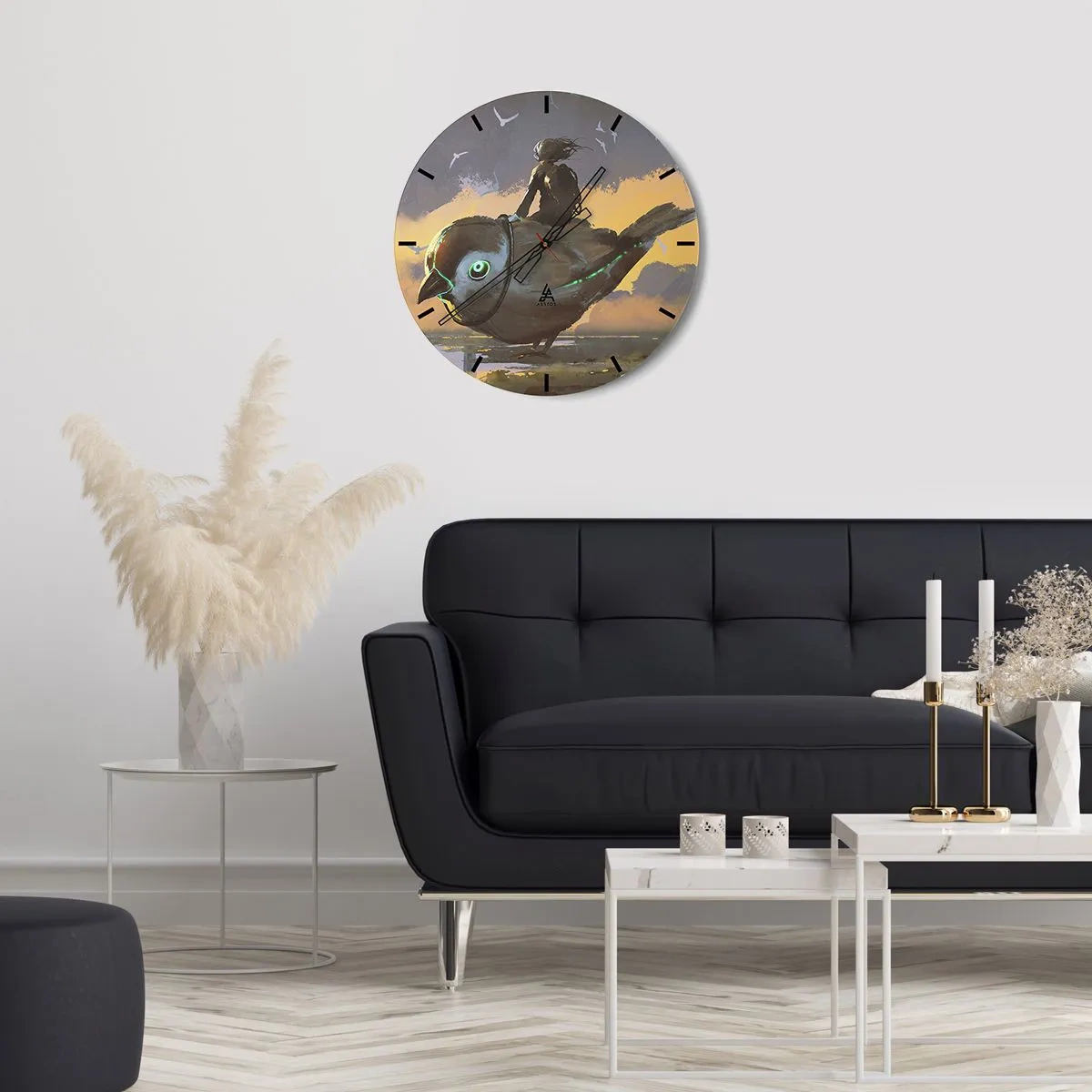 Wall clock - Clock on glass - A figure on a mechanical bird in a fantasy landscape - 30x30cm - Stop on a Fantastic Journey - Modern wall decoration for the living room, kitchen, and bedroom ARTTOR