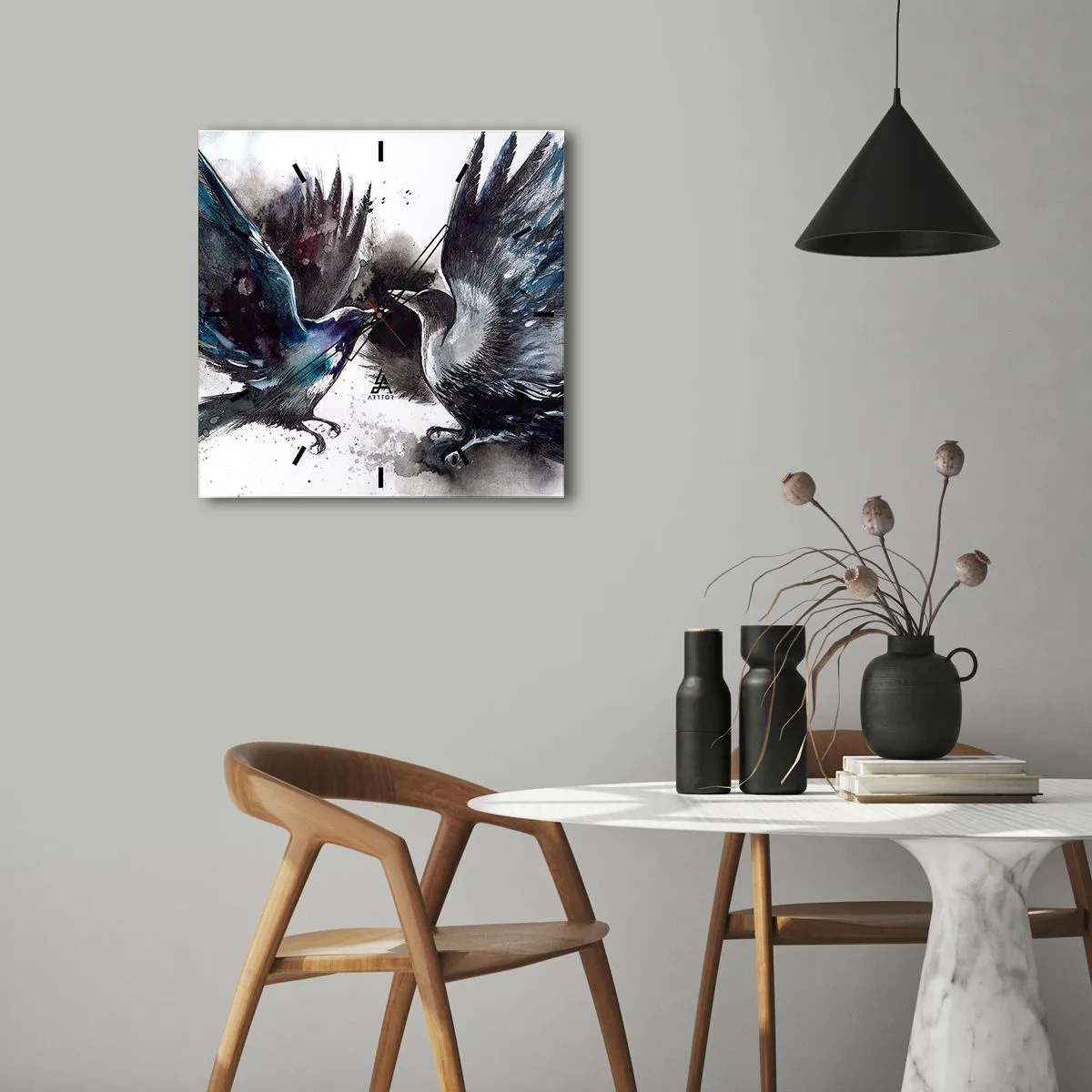 Wall clock - Clock on glass - Two Crows - 30x30 cm