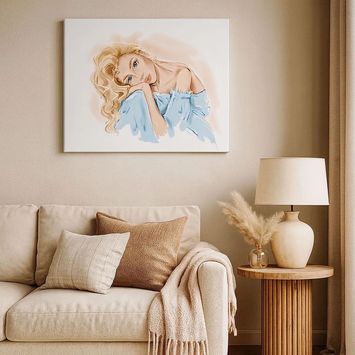 Canvas picture - Portrait of a woman in a blue dress with blonde hair - 70x50cm - Dreamy in Blue - Modern wall decoration for the living room and bedroom ARTTOR