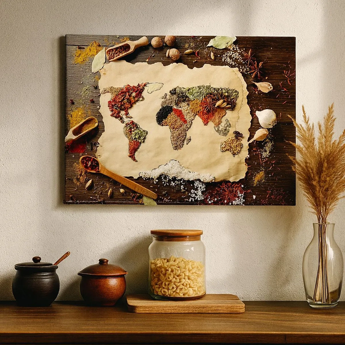 Canvas picture - A world map made of spices on a wooden background. - 70x50cm - All Flavours of the World - Modern wall decoration for the living room and bedroom ARTTOR