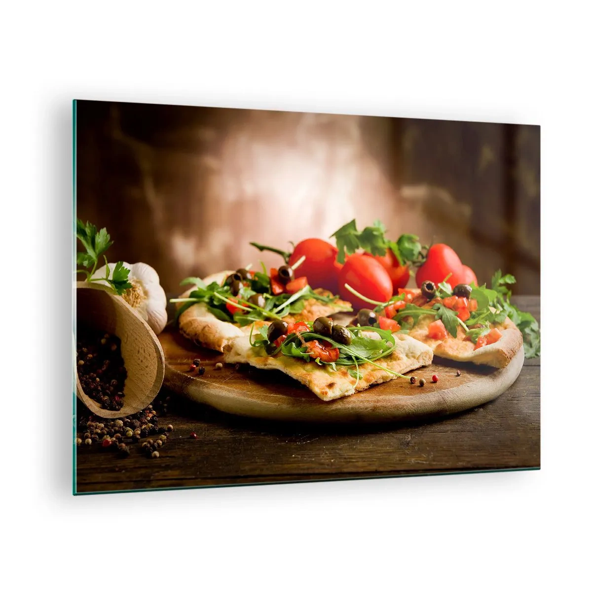 Glass picture - Pizza on a wooden board with rocket and tomatoes - 70x50cm - Straight from the Oven and Garden - Modern wall decoration for the living room and bedroom ARTTOR