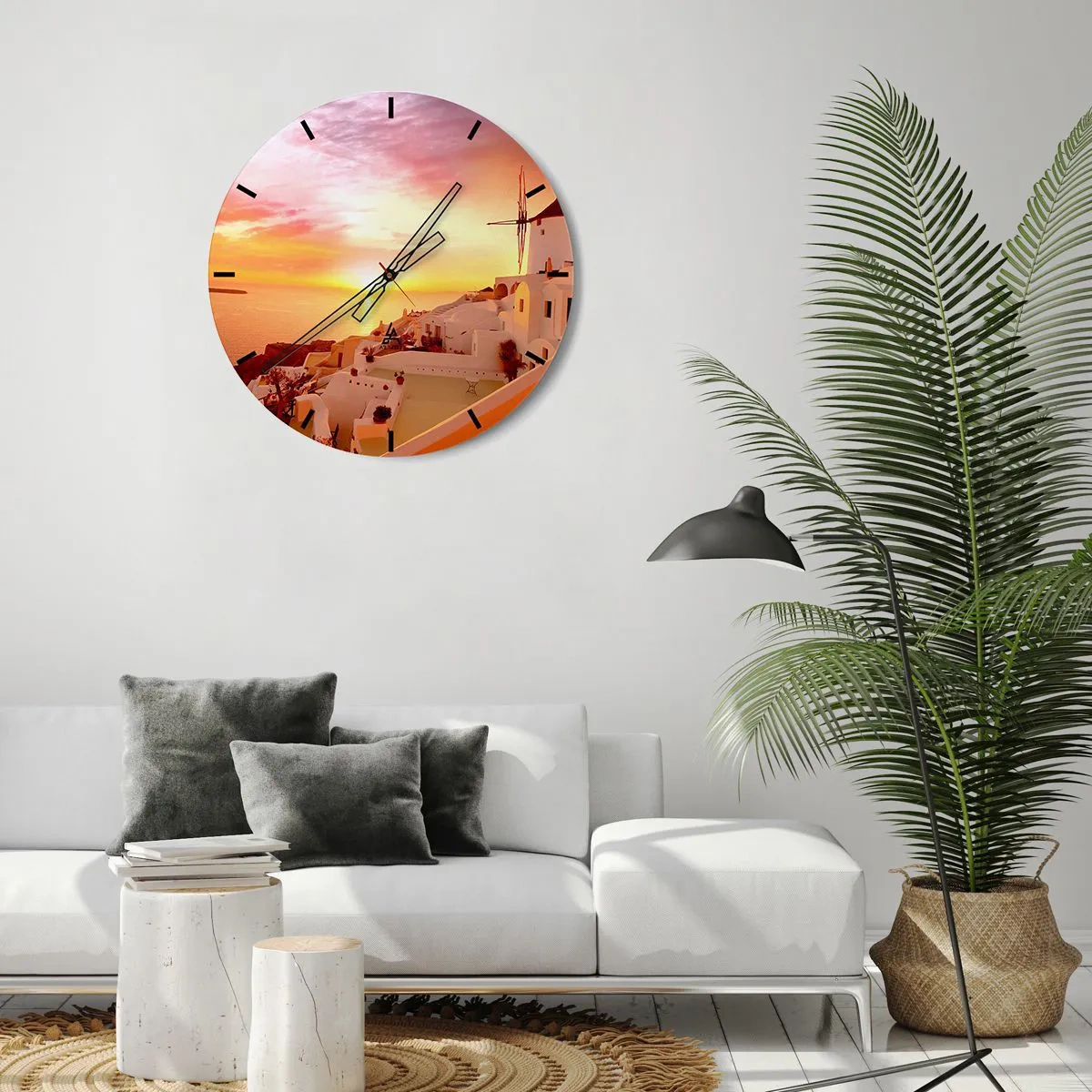 Wall clock - Clock on glass - View of Greek architecture at sunset - 30x30cm - Melting in White and Gold - Modern wall decoration for the living room, kitchen, and bedroom ARTTOR