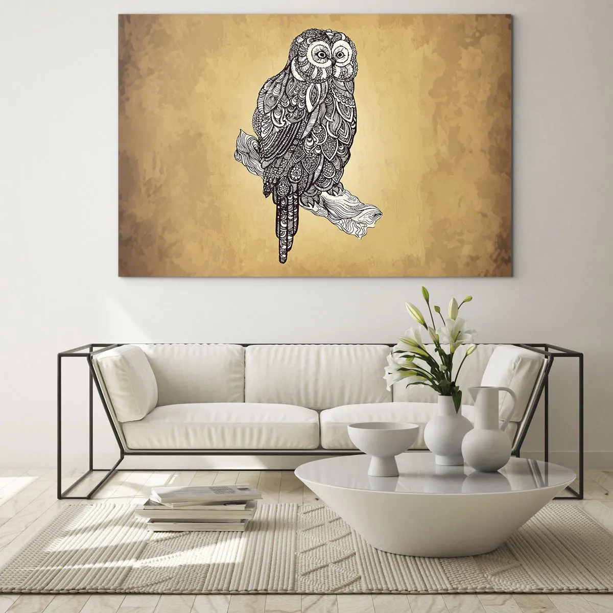 Glass picture - Ornamental style owl on a sepia background - 70x50cm - Mysterious Ornaments of Wisdom - Modern wall decoration for the living room and bedroom ARTTOR