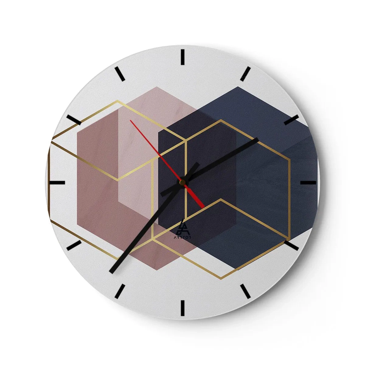 Wall clock - Clock on glass - Three-dimensional cubes in shades of navy blue and pink with gold - 30x30cm - Power of Simplicity - Modern wall decoration for the living room, kitchen, and bedroom ARTTOR