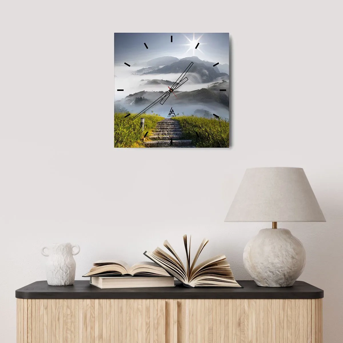 Wall clock - Clock on glass - Upwards towards the Clouds - 30x30 cm