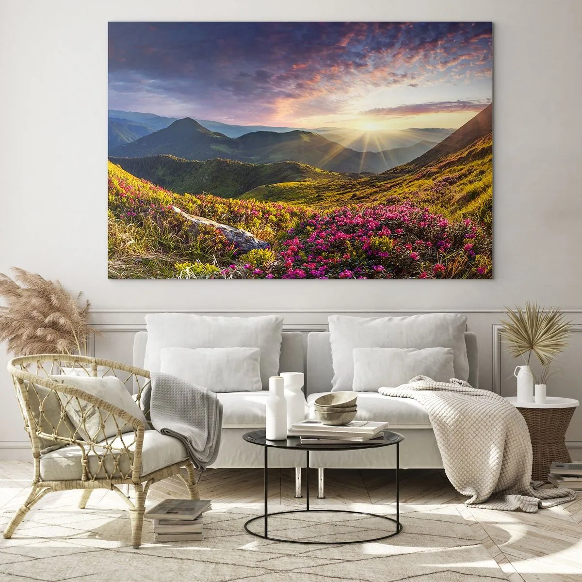 Glass picture - Mountain landscape at sunrise with blooming flowers - 70x50cm - Freshness of Mountain Morning - Modern wall decoration for the living room and bedroom ARTTOR