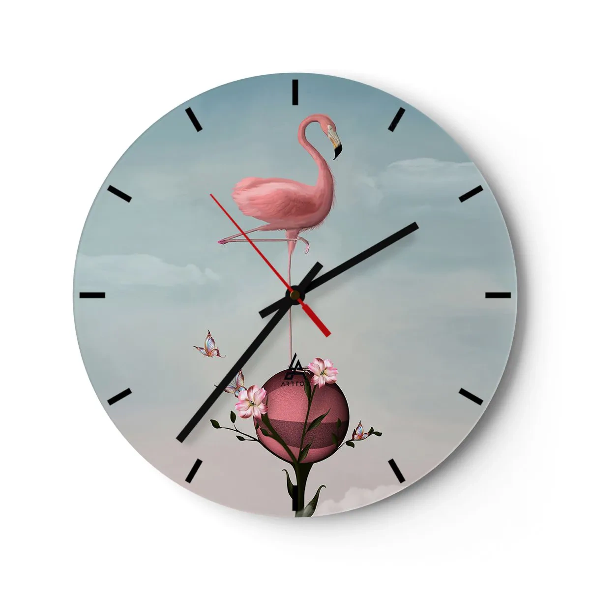 Wall clock - Clock on glass - A pink flamingo standing on a ball decorated with flowers. - 30x30cm - Allegory of a Basketball - Modern wall decoration for the living room, kitchen, and bedroom ARTTOR