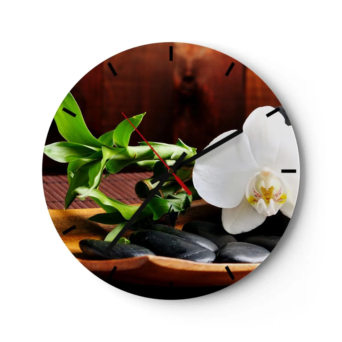 Wall clock - Clock on glass - White orchid with bamboo and stones - 30x30cm - Let Nature Touch You - Modern wall decoration for the living room, kitchen, and bedroom ARTTOR
