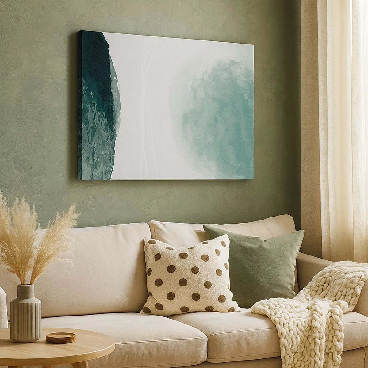 Canvas picture - A delicate abstract composition in shades of green with subtle forms on a light background. - 70x50cm - Encounter With Fog - Modern wall decoration for the living room and bedroom ARTTOR