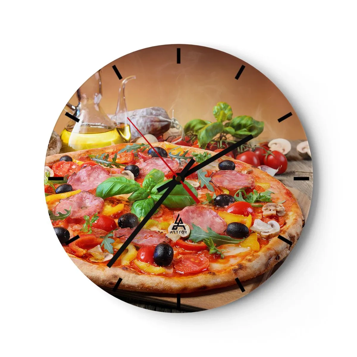 Wall clock - Clock on glass - Appetizing pizza with toppings on a wooden table - 30x30cm - With a Real Italian Flavouring - Modern wall decoration for the living room, kitchen, and bedroom ARTTOR