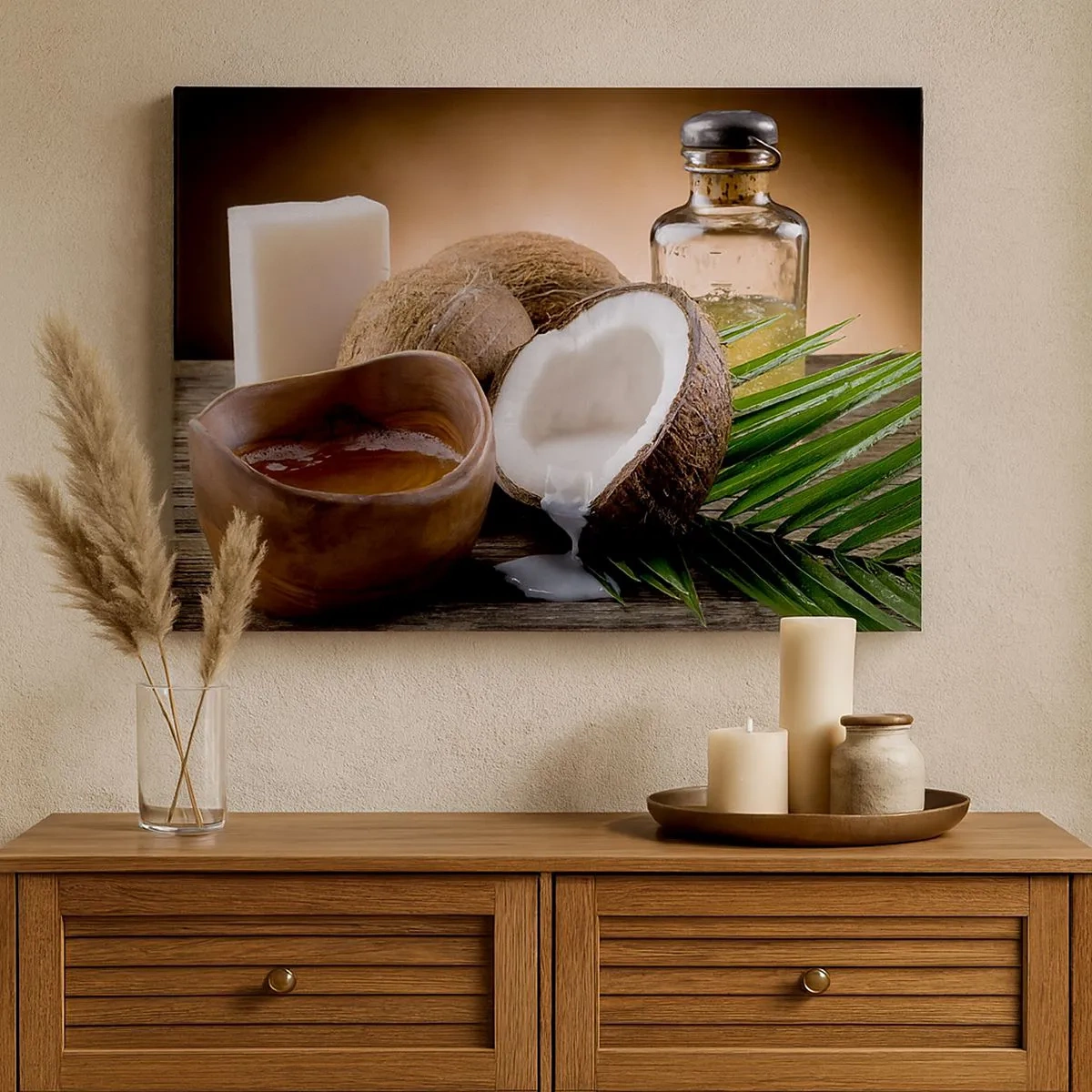 Canvas picture - Coconuts, candle and oil on a wooden background - 70x50cm - Health from Tropical Islands - Modern wall decoration for the living room and bedroom ARTTOR
