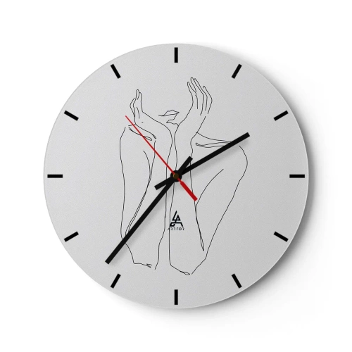 Wall clock - Clock on glass - A minimalist drawing of a hand and mouth on a white background. - 30x30cm - What Girls Are Dreaming of - Modern wall decoration for the living room, kitchen, and bedroom ARTTOR