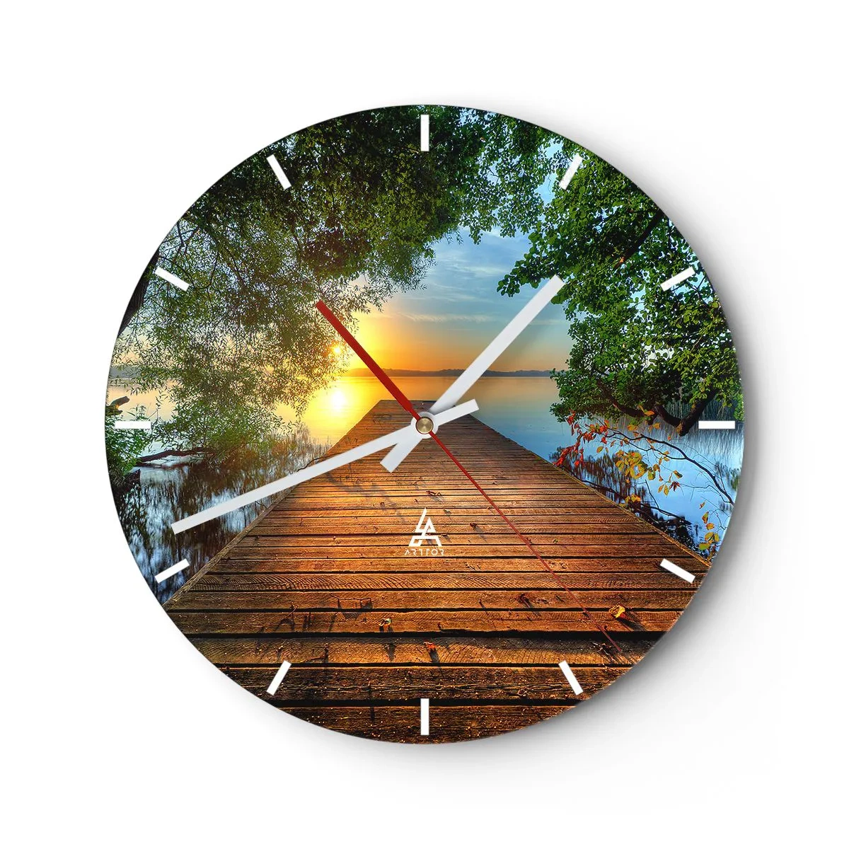 Wall clock - Clock on glass - A wooden jetty leading to the lake at sunset - 30x30cm - Don't Hurry, Sit Down - Modern wall decoration for the living room, kitchen, and bedroom ARTTOR