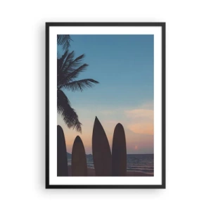 Poster in black frame - Surfboards on the beach with a sunset and palm trees in the background - 50x70cm - Tomorrow Will Be Fun Too - Modern wall decoration for the living room and bedroom ARTTOR