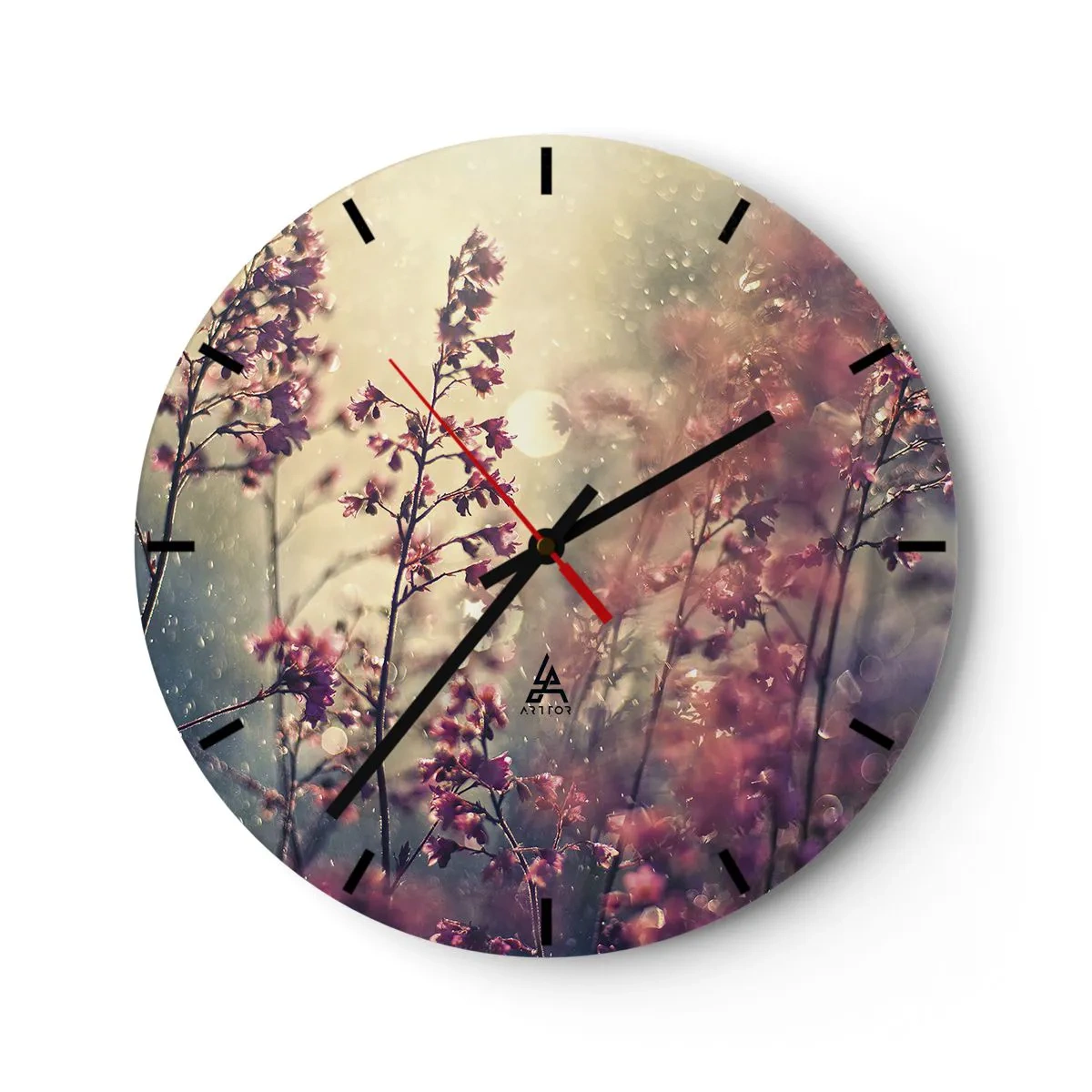 Wall clock - Clock on glass - Delicate pink flowers in the light of diffused sunlight - 30x30cm - Secret Garden - Modern wall decoration for the living room, kitchen, and bedroom ARTTOR
