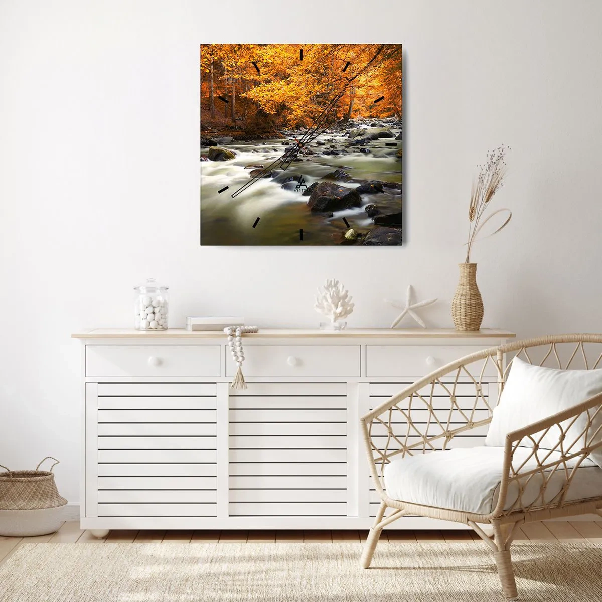 Wall clock - Clock on glass - Brook in a Golden Forest - 40x40 cm