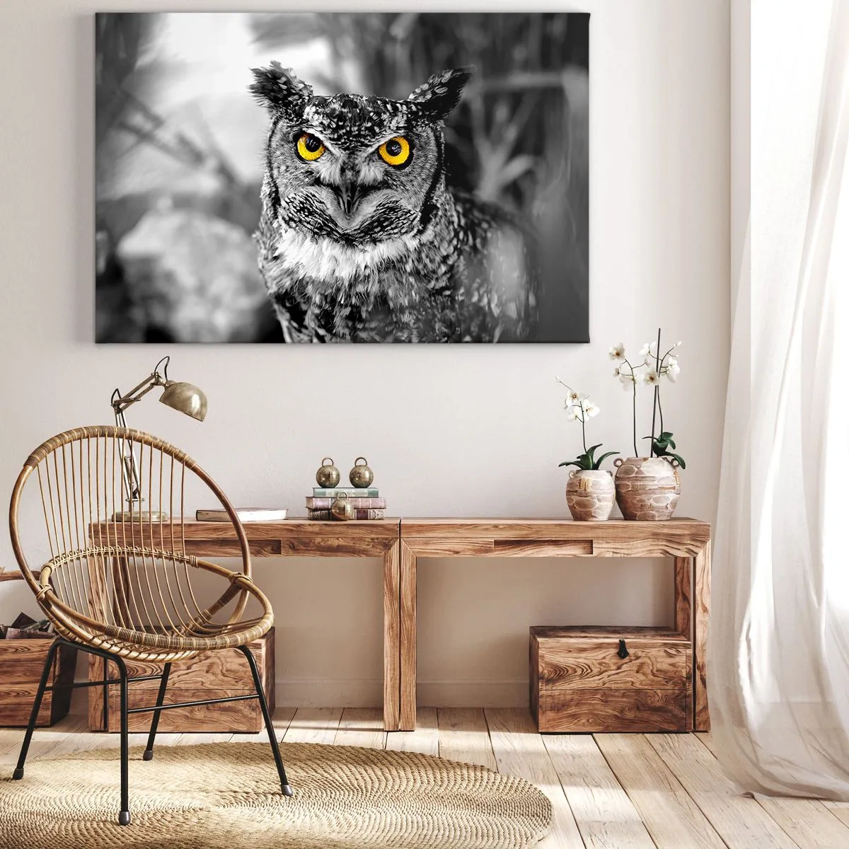 Canvas picture - A black and white shot of an owl with yellow eyes - 70x50cm - Nothing Can Hide - Modern wall decoration for the living room and bedroom ARTTOR