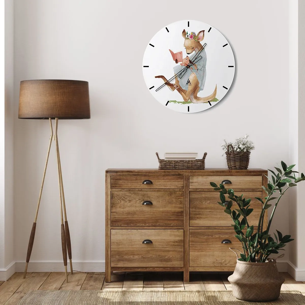 Wall clock - Clock on glass - A mother kangaroo reading a book with her baby on her lap - 30x30cm - Read to Me, Mum - Modern wall decoration for the living room, kitchen, and bedroom ARTTOR