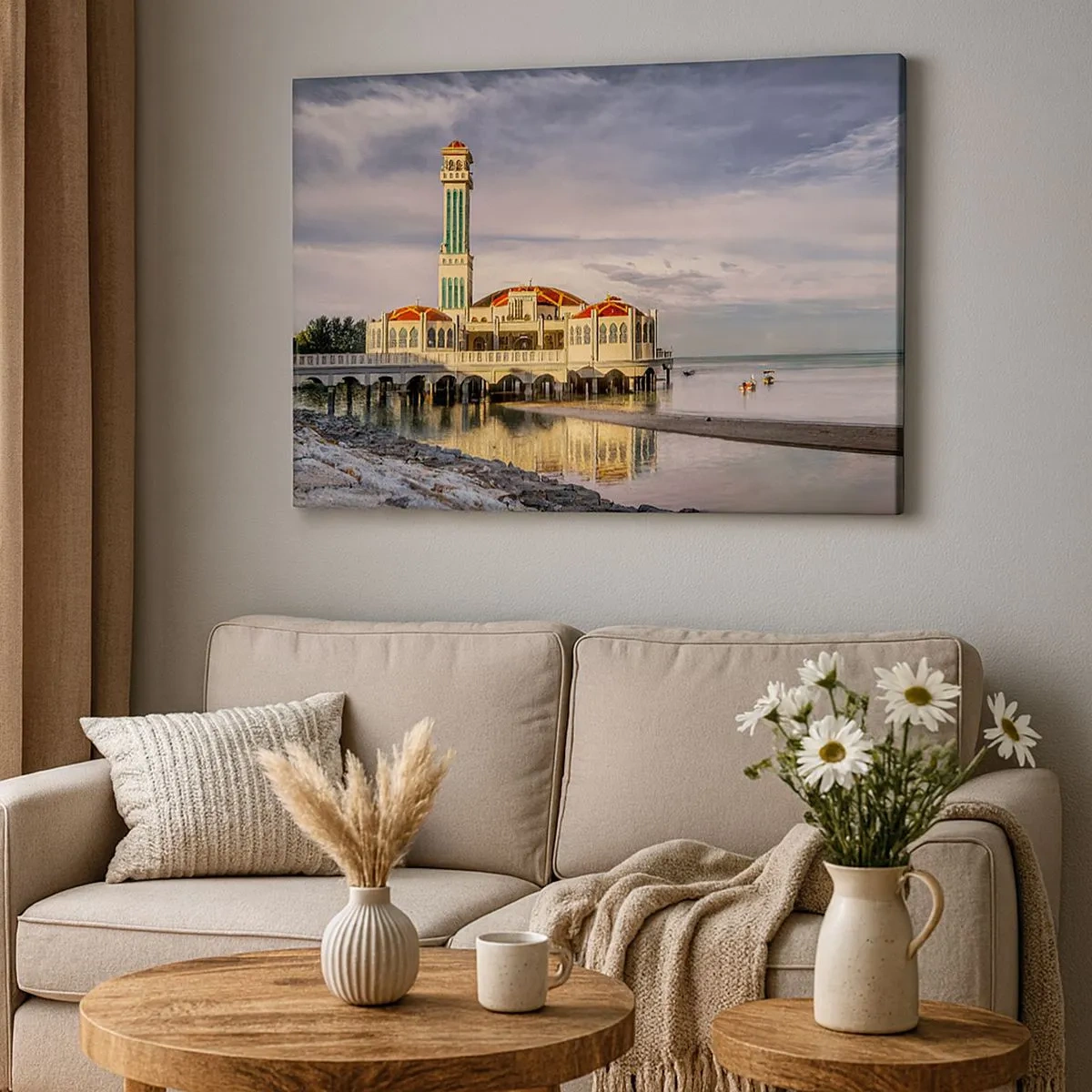 Canvas picture - An impressive building with a minaret on the water surrounded by a peaceful landscape - 70x50cm - Temple of Nature - Modern wall decoration for the living room and bedroom ARTTOR